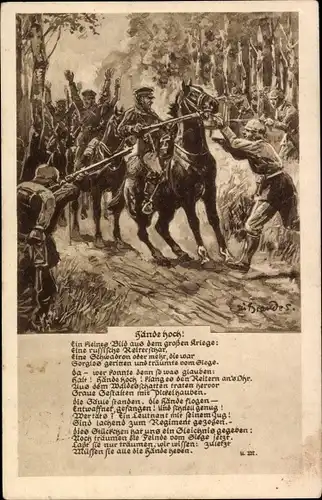 Gedicht Ak Hände hoch, Ein kleines Bild aus dem großen Kriege, deutsche Soldaten stoppen Russen