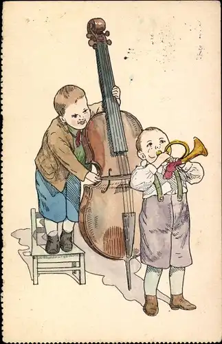 Ak Zwei Jungen mit Musikinstrumenten