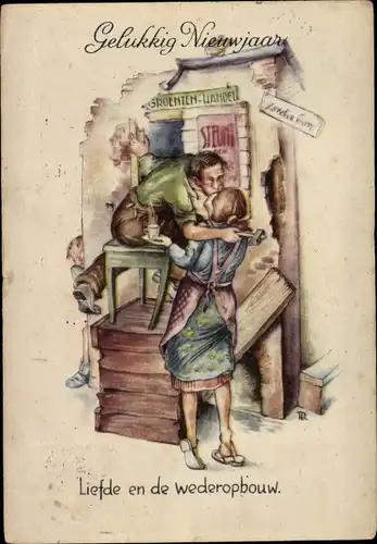Ak Glückwunsch Neujahr, Liebe im Wiederaufbau, niederländisches Paar