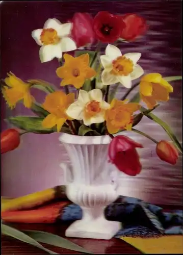 3 D Ak Narzissen und Tulpen in einer Vase