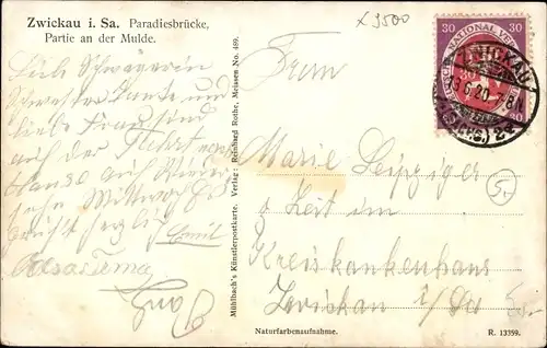 Ak Zwickau in Sachsen, Paradiesbrücke, Partie an der Mulde