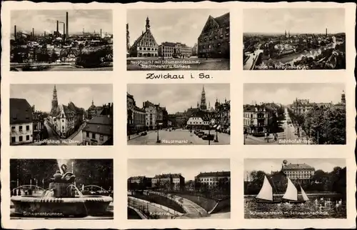 Ak Zwickau in Sachsen, Hauptmarkt, Schumanndenkmal, Stadttheater, Rathaus, Kaserne, Paradiesbrücke