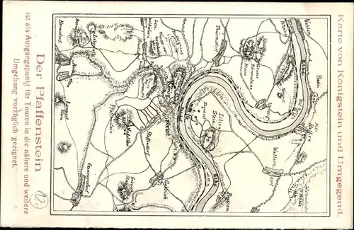 Ak Königstein an der Elbe Sächsische Schweiz, Pfaffenstein, Karte vom Königstein und Umgebung