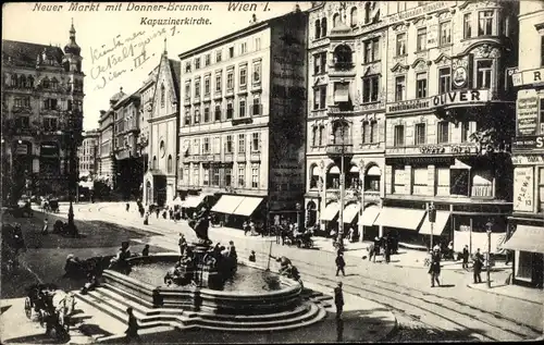 Ak Wien 1 Innere Stadt, Neuer Markt, Donnerbrunnen, Kapuzinerkirche, Geschäfte