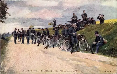 Künstler Ak At War, Chasseurs Cyclistes, la Halte, französische Soldaten, Fahrräder