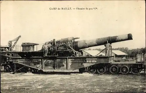 Ak Mailly le Camp Aube, 400-mm-Haubitze, Eisenbahngeschütz