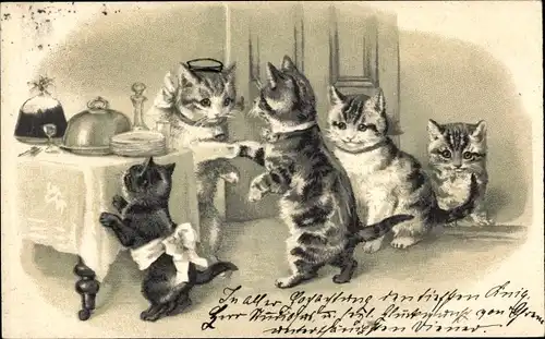 Präge Litho Katzen zu Tisch