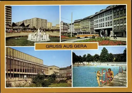 Ak Gera in Thüringen, Springbrunnen am Café Rendezvousm Johannisstraße, Haus der Kultur, Sommerbad