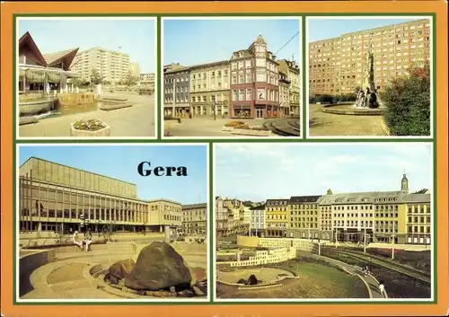 Ak Gera in Thüringen, Am Café Rendezvous, Blick zur Sorge und Straße des 7. Oktober, Sonnenbrunnen