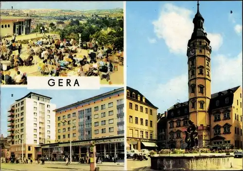 Ak Gera in Thüringen, Terrassencafé Osterstein, Straße der Republik, Rathaus