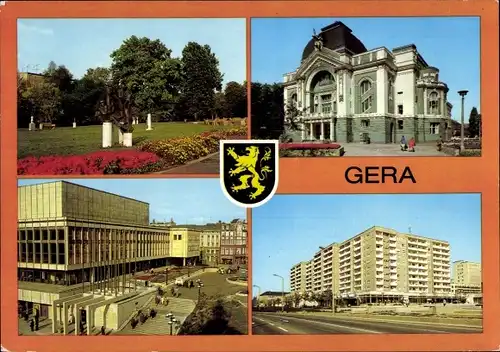 Ak Gera in Thüringen, Park der Opfer des Faschismus, Theater, Haus der Kultur, Wappen