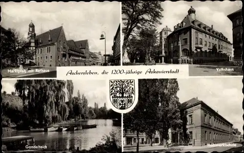 Wappen Ak Aschersleben, Marktplatz, Rathaus, Holzmarktschule, Volkshaus, Gondelteich