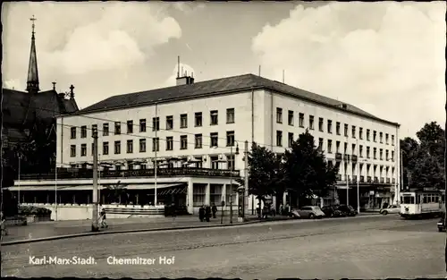 Ak Karl Marx Stadt Chemnitz in Sachsen, Chemnitzer Hof, Straßenbahn