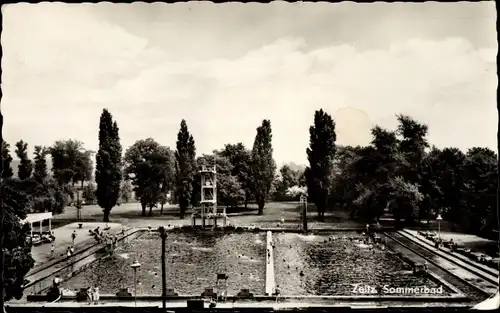 Ak Zeitz, Sommerbad Freibad, Sprungturm u. Café