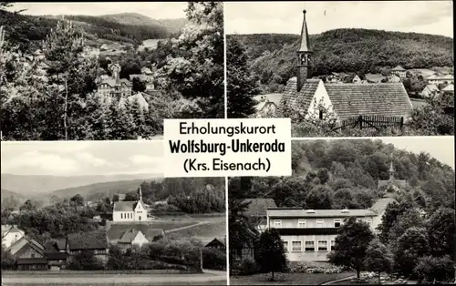 Ak Wolfsburg Unkeroda Wartburgkreis, Kirche, Panorama, Teilansichten