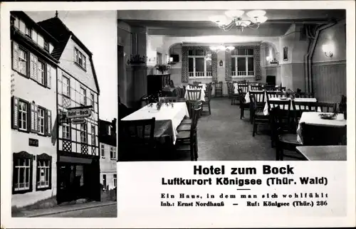 Ak Königsee Thüringen, Hotel zum Bock, Inh. Ernst Nordhauk, Straßenseite, Speiseraum