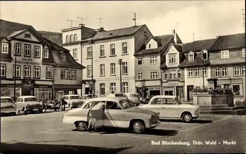 Ak Bad Blankenburg in Thüringen, Markt, Brunnen, Autos, Mahn's Konditorei-Kaffee