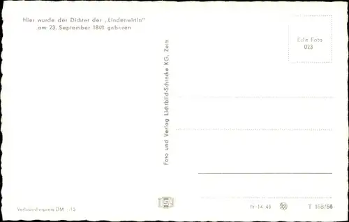 Ak Kranichfeld in Thüringen, Rudolf-Baumbach-Haus, Geburtsort Dichter der Lindenwirtin 23.09.1840