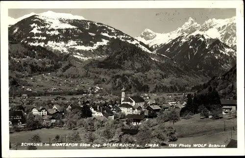 Ak Schruns in Vorarlberg, Ortsansicht gegen Golmerjoch und Zimba