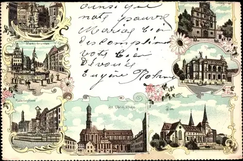 Puzzle Litho Augsburg in Schwaben, Merkurbrunnen, Ulrichskirche, Dom, Maximilianstraße, Theater