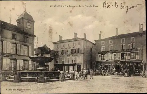 Ak Charmes Lothringen Vosges, Der Brunnen des Grand Place