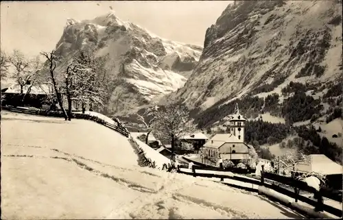 Ak Grindelwald Kanton Bern, Kirche mit Wetterhorn