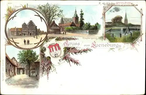 Ak Lüneburg in Niedersachsen, Brücke, Sand, Klostergang, Roter Hahn, Wappen