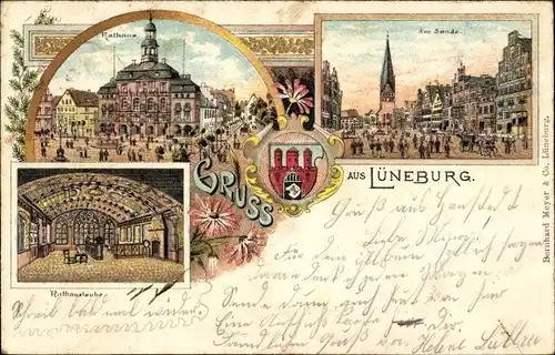 Litho Lüneburg in Niedersachsen, Am Sande, Rathaus, Rathauslaube, Wappen