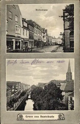Ak Buxtehude in Niedersachsen, Breitestraße, Geschäfte, Teilansicht, Kirche