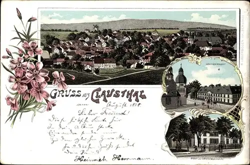 Litho Clausthal Zellerfeld im Oberharz, Oberbergamt, Post, Kriegerdenkmal, Ortspanorama