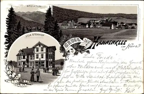 Vorläufer Litho Hahnenklee Goslar Harz, Granethal, Villa Steinhof, Blick auf den Ort, 1895