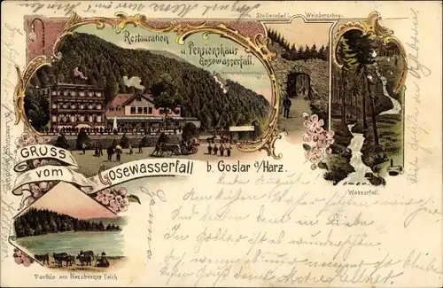 Litho Goslar am Harz, Gosewasserfall, Restaurant, Stollenpfad, Weinbergstieg