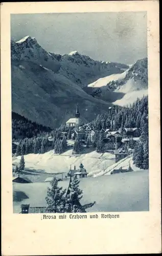 Ak Arosa Kanton Graubünden Schweiz, Wintermotiv vom Ort mit Erzhorn und Rothorn