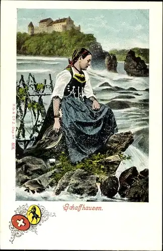 Ak Kanton Schaffhausen, Frau in Tracht, Wappen, Schloss