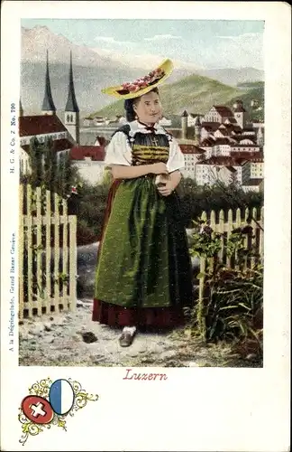 Ak Luzern, Frau in Volkstracht, Grünes Kleid, Hut, Wappen