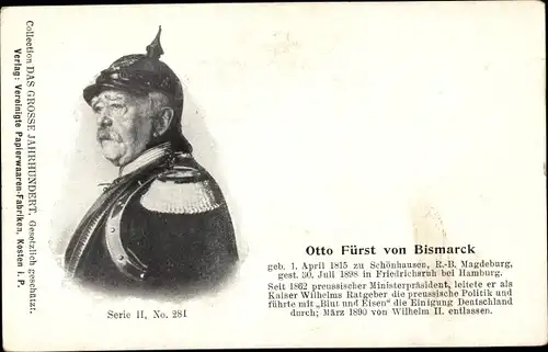 Ak Otto Fürst von Bismarck, Portrait in Uniform, Pickelhaube