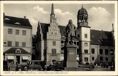 Ak Halle an der Saale, Altes Rathaus mit Händel Denkmal, Buchhandlung, Autos