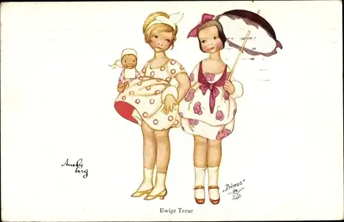 Künstler Ak Ewige Treue, Zwei Mädchen, Puppe, Sonnenschirm
