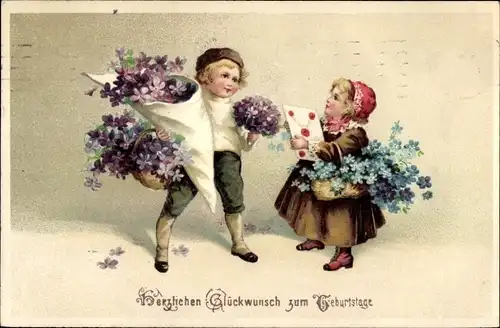 Ak Glückwunsch Geburtstag, Kinder mit Blumensträußen, Brief