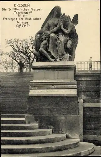 Ak Dresden, Freitreppe der Brühlschen Terrasse, Die Schillingschen Gruppen Tageszeiten, Nacht