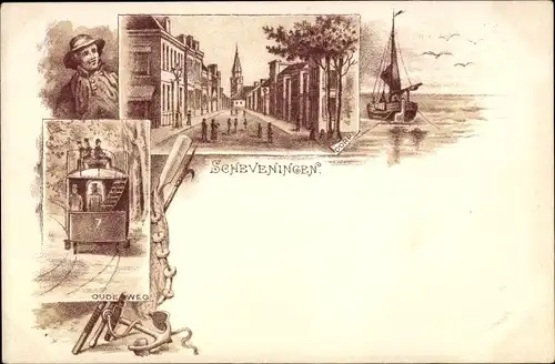 Litho Scheveningen Den Haag Südholland, Straßenbahn Linie Nr. 7, Segelboot, Anker