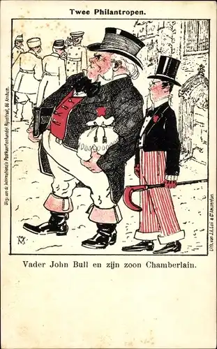 Künstler Ak Twee Philantropen, Vader John Bull en zijn zoon Chamberlain, Karikatur