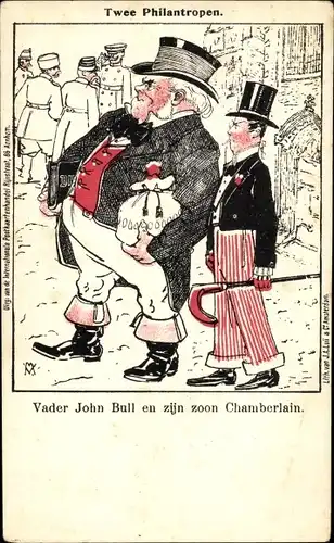 Künstler Ak Twee Philantropen, Vader John Bull en zijn zoon Chamberlain, Karikatur