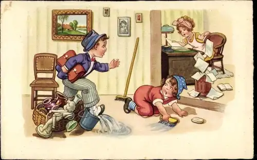 Ak Mann stürzt über Putzeimer