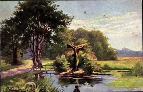 Künstler Ak Present, C., Landschaft mit Gewässer und Haus