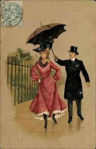 Künstler Ak Mann hält Regenschirm über elegante Frau