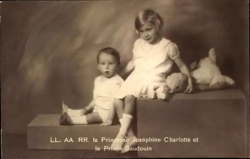 Ak Prinzessin Josephine Charlotte von Belgien, Prinz Baudouin, Kinderportrait, Teddy