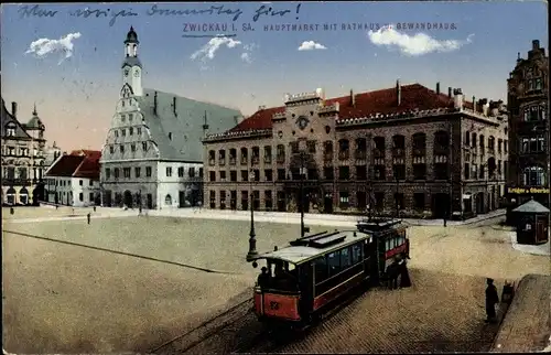 Ak Zwickau in Sachsen, Hauptmarkt mit Rathaus und Gewandhaus, Straßenbahn
