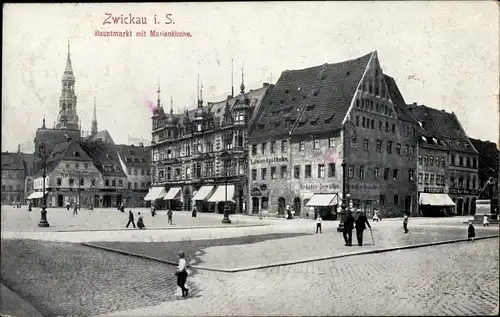 Ak Zwickau in Sachsen, Hauptmarkt mit Marienkirche, Apotheke, Kräuter Gewölbe