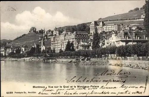 Ak Montreux Kanton Waadt Schweiz, Le Quai et le Montreux Palace